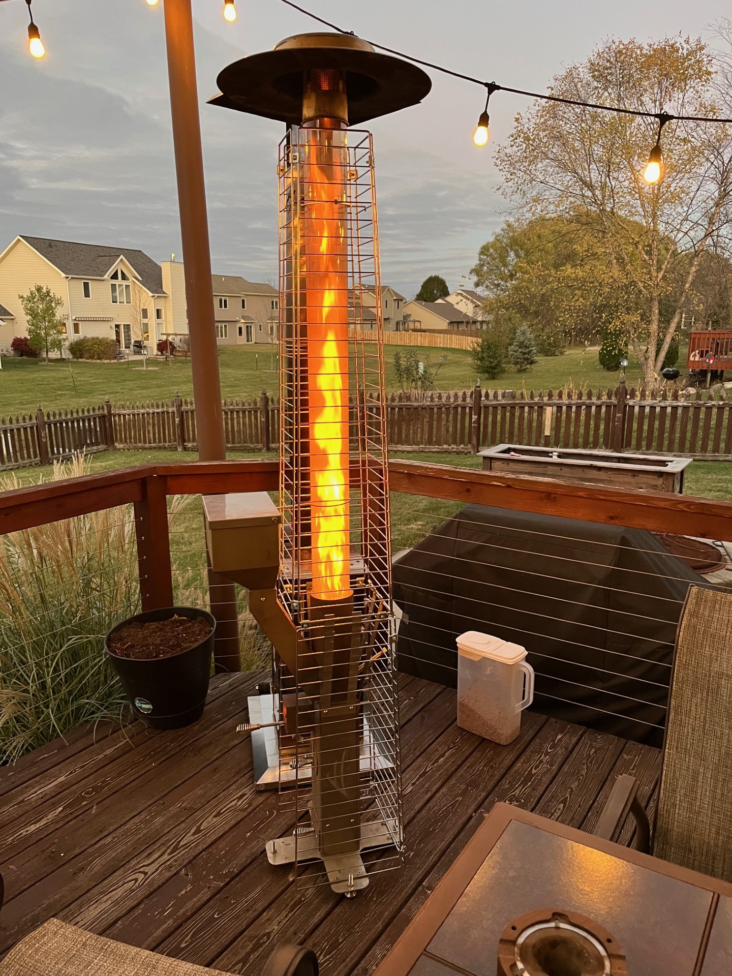 Timber Torch pellet heater at dusk