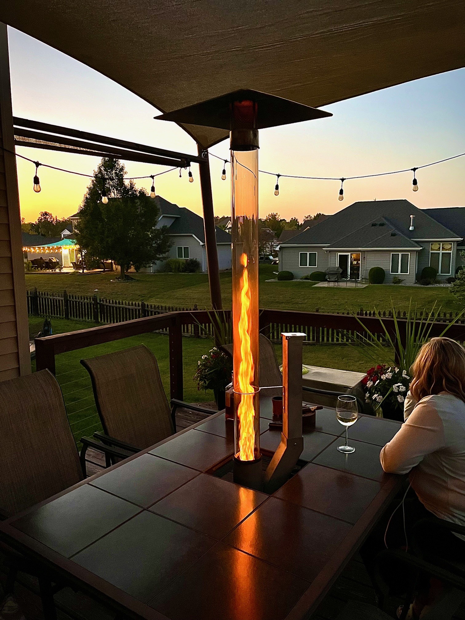 Pellet heater glowing at night